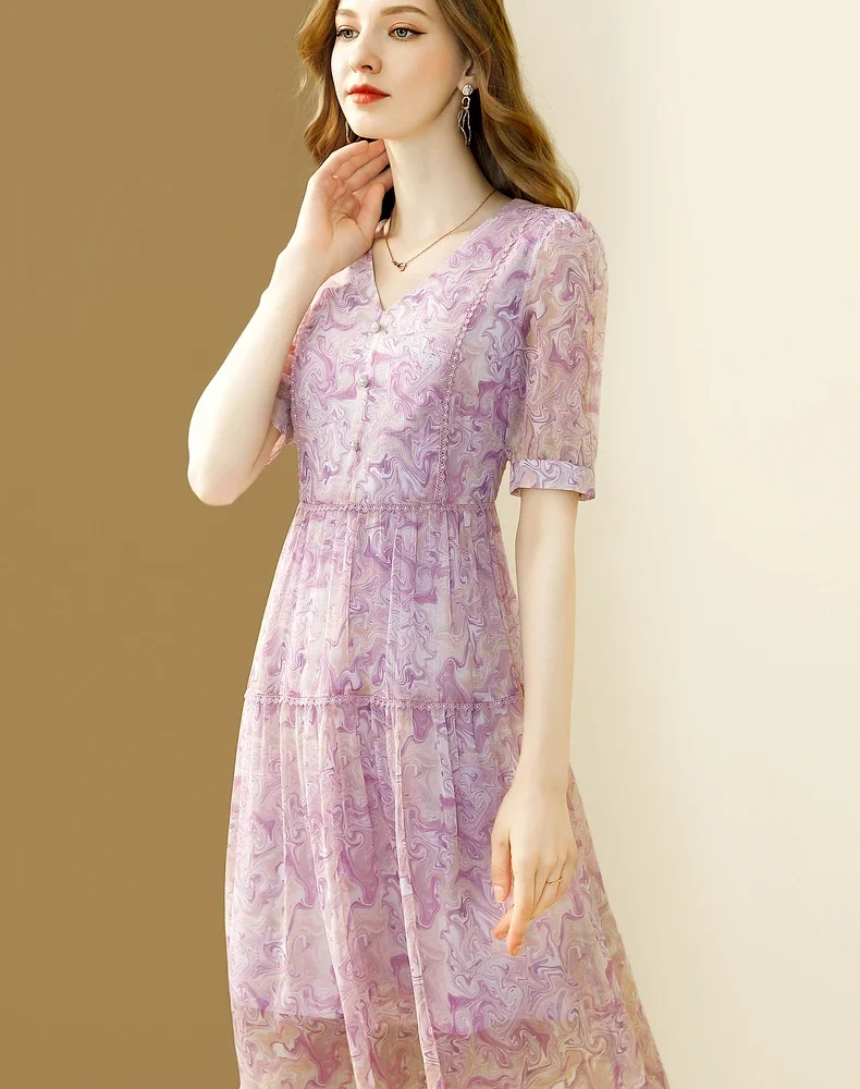 V-neck Chic Elegant Floral Printing Office A-line Chiffon Dress