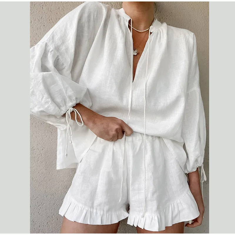 V-neck Lace Up Shorts Suit Solid Long Sleeve Top Slim Short Pant