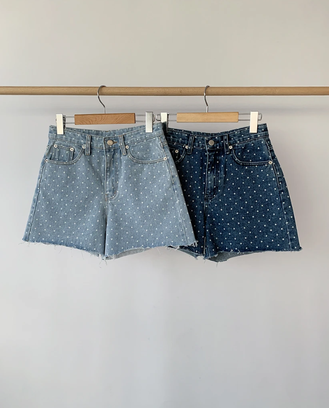 Vintage Loose Pockets Wide Leg Jeans Casual High Waist Dots Printed Denim Shorts