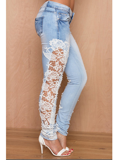Lace Trimmed Solid Pattern Cotton Denim Jeans - Blue