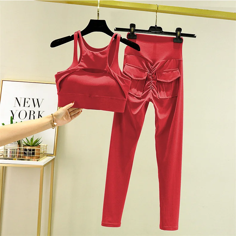 Yoga Set Sports Bra Tracksuit Leggings Pocket High Waist Pant Fitness Workout Cycling Sport Gym Outfit Clothes