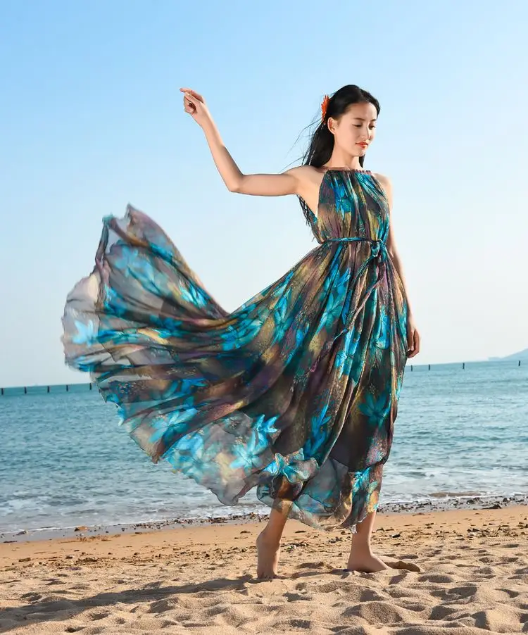Bohemian Beach Elegant Holidays Party Floral Chiffon Maxi Dress