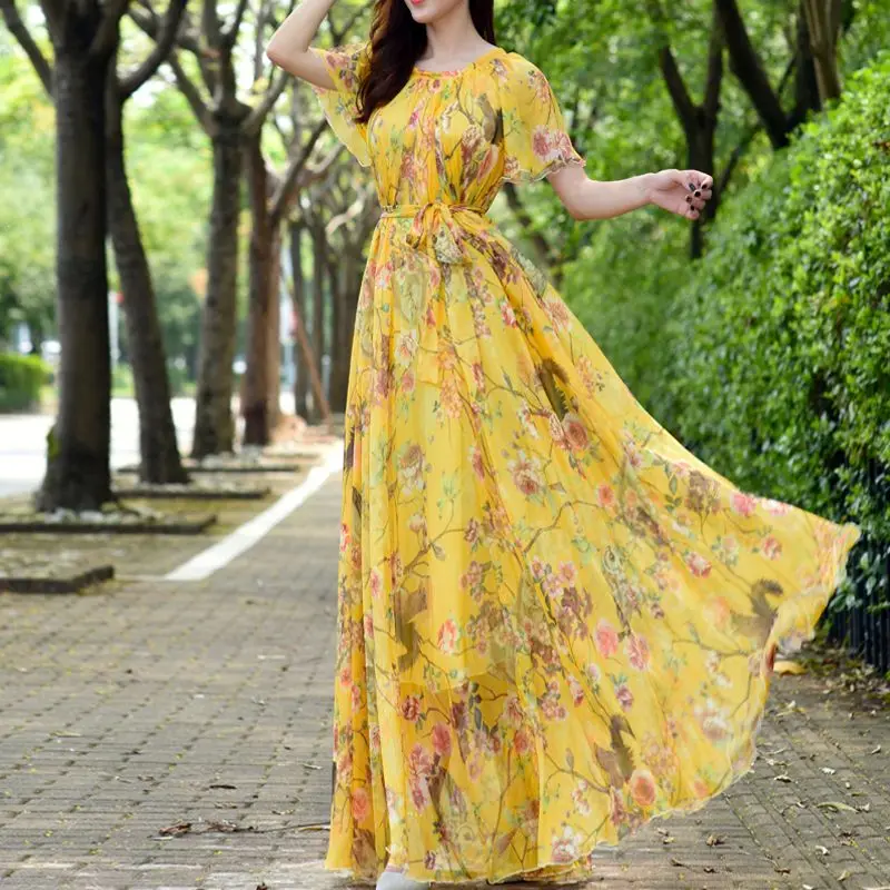 Bohemian Holiday Floral Print Chiffon Fashion Long Dress Vestidos