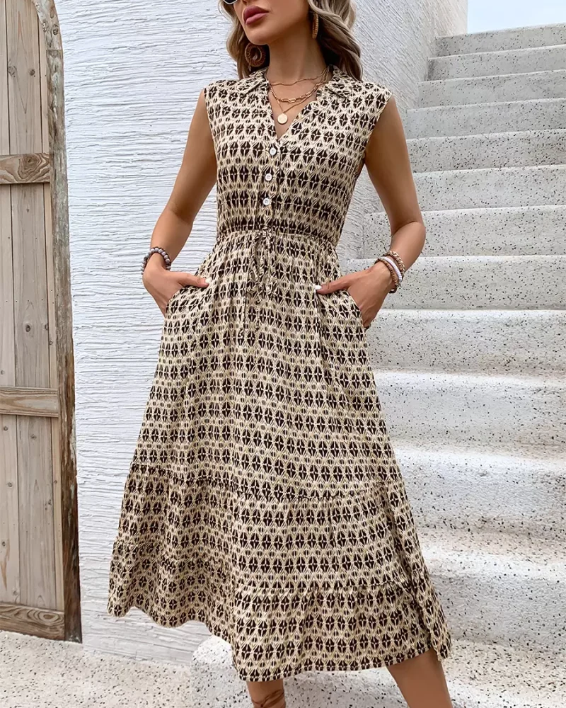 Casual Elegant A-line Printed Sleeveless Buttons V-Neck Casual Midi Dress