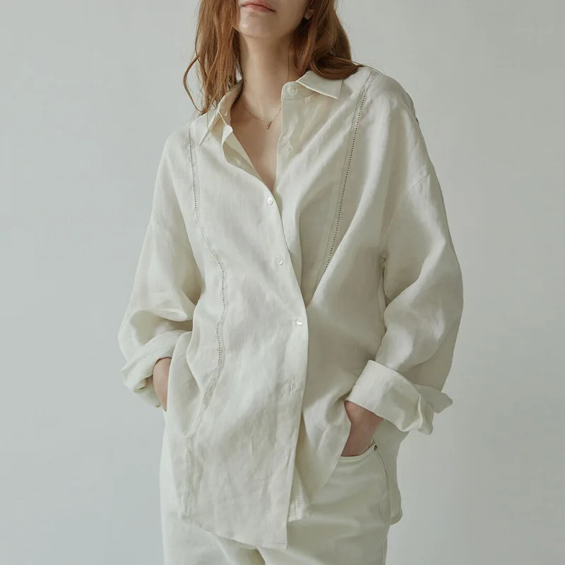 Casual French Elegant Hollow Out Loose Cotton Linen Shirts