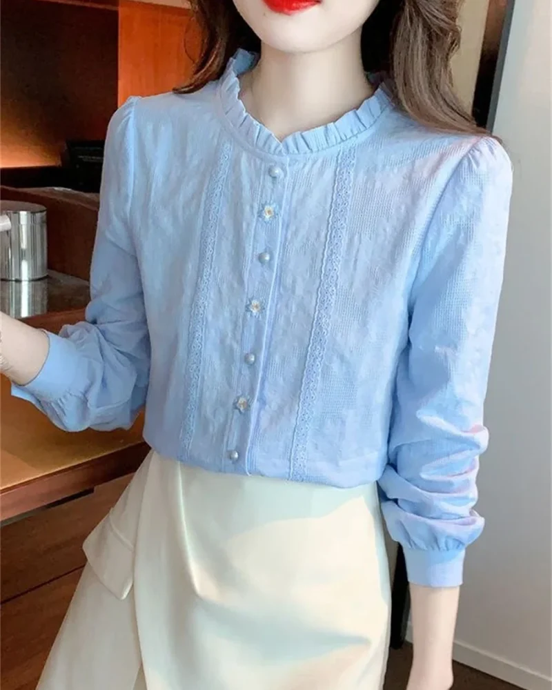 Casual Long Sleeve Stand Collar Solid Color Embroidery Shirts