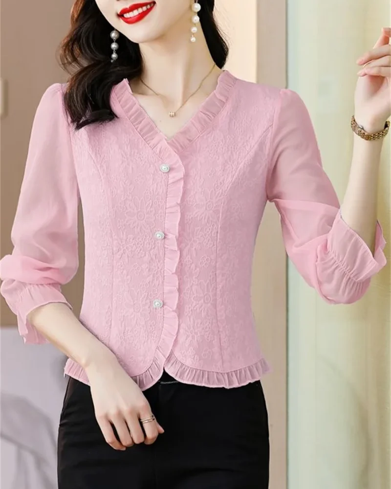 Casual Long Sleeve V-Neck Solid Color Ruffles Shirts
