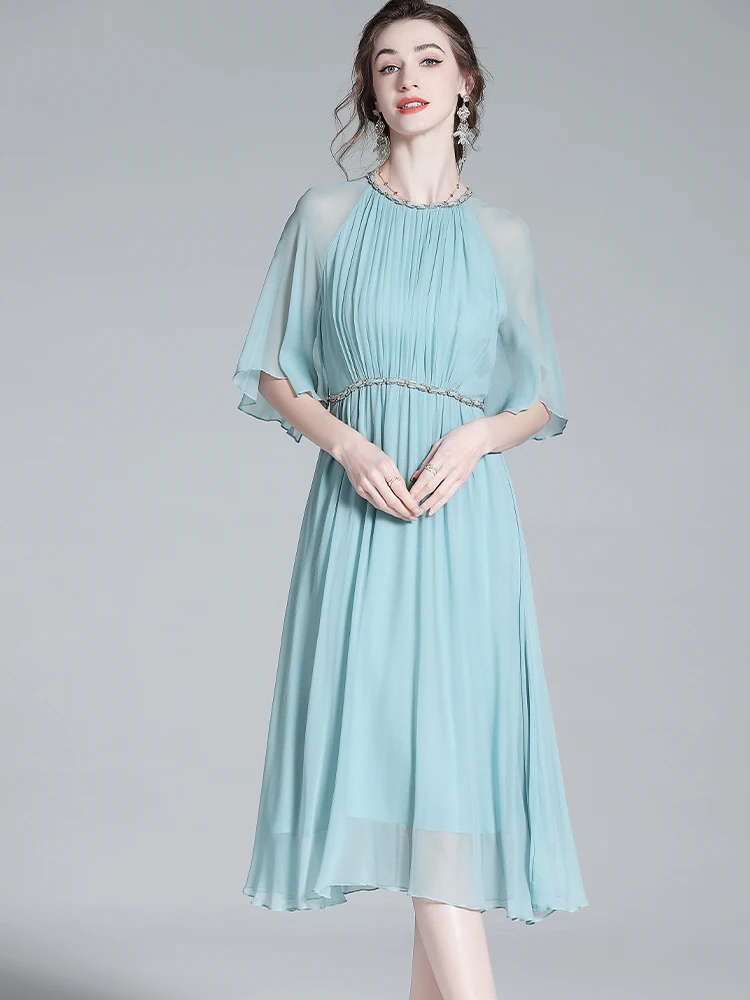 Casual O-Neck Elegant A-line Chiffon Dress with Chain Belt