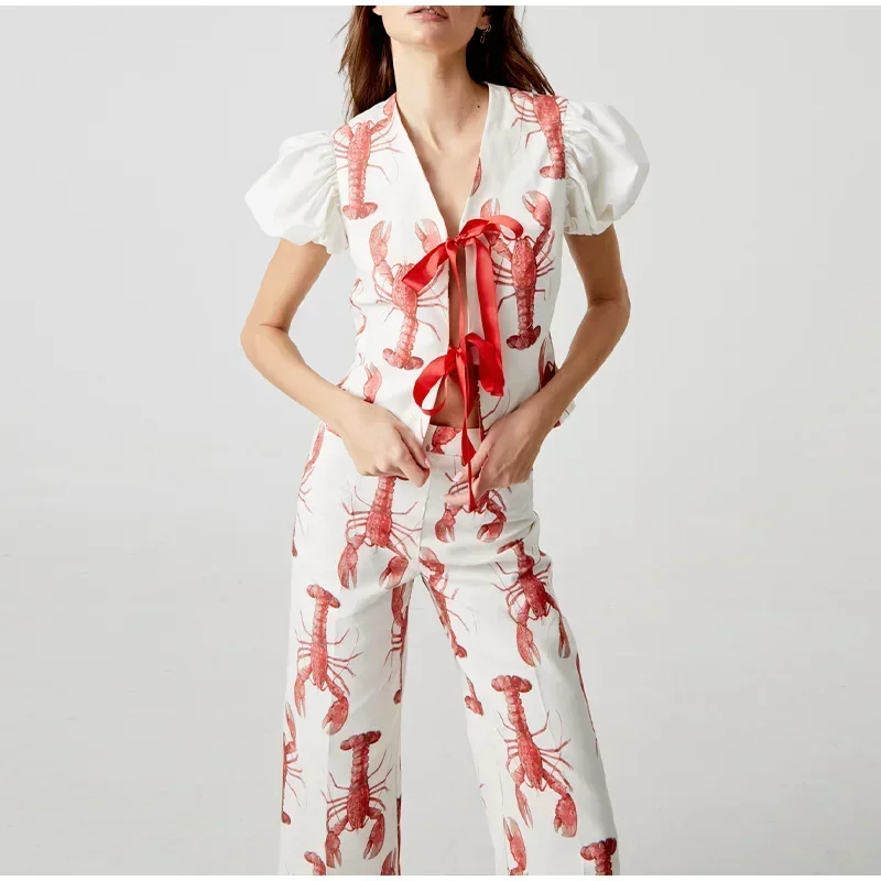 Casual Printed Pants Suits And Puff Sleeve Street Outfit