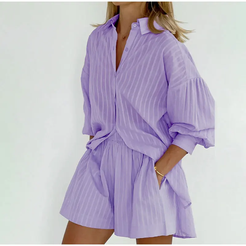 Casual Stripe Jacquard Shorts And Puff Sleeve Single-breasted Outfit