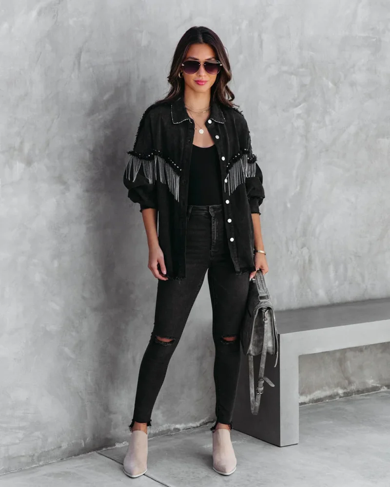 Casual Tassels Button-Up Streetwear Jean Outerwears Fringed Coat Denim Jacket