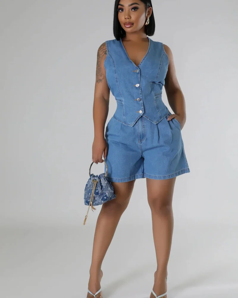 Casual V Neck Sleeveless High Waist Denim Shorts Suit