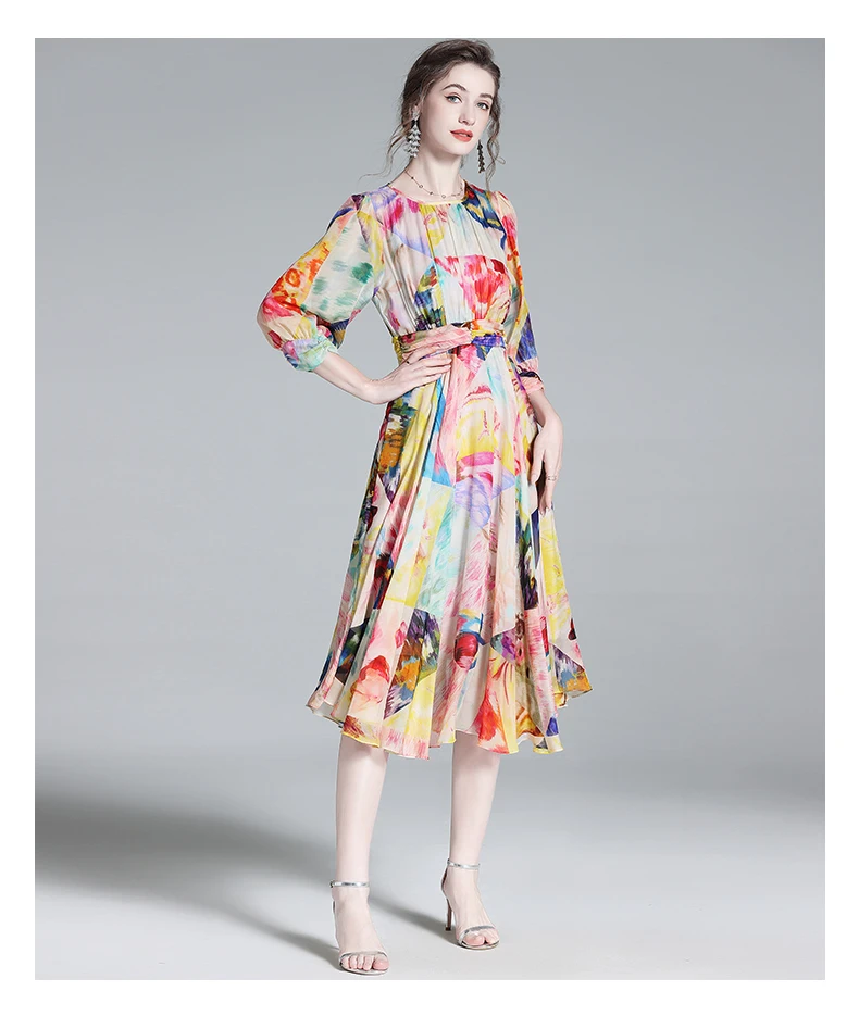 Chic Printing O-Neck Casual A-line Chiffon Dress Vestidos