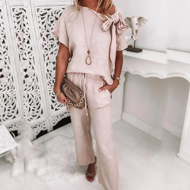 Color Temperament 2pc Set Short Sleeve Lace-up Bowknot Tops And Long Pants Suit