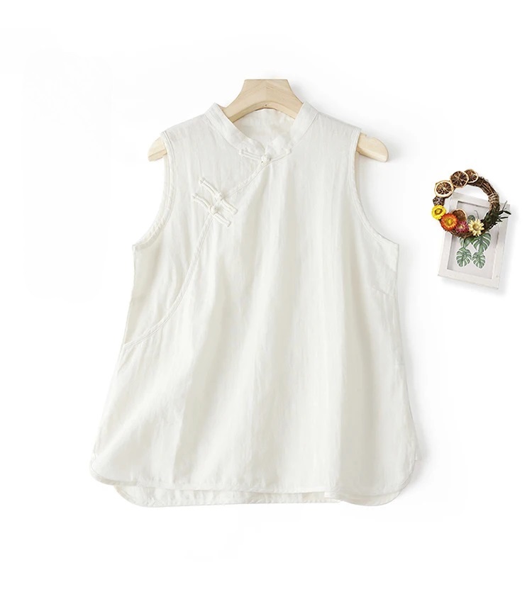 Cotton Linen Buckle Collar Sleeveless Artistic Loose Elegant Vest Top