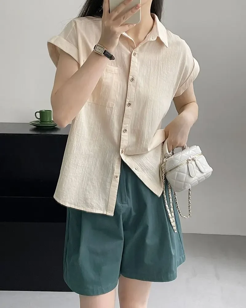 Cotton Linen Short Sleeve Casual Turn-down Collar Pockets Splicing Solid Color Shirt