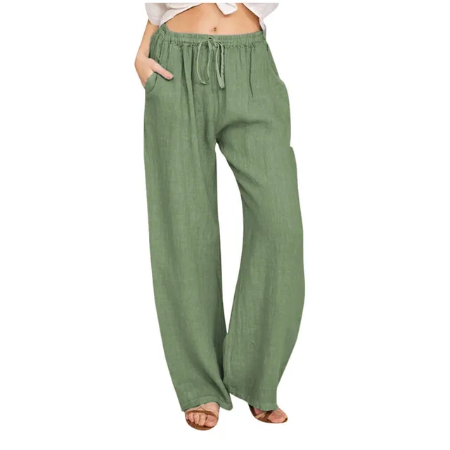 Cotton Linen Wide Leg Pants Full Length Casual Loose Straight Trousers