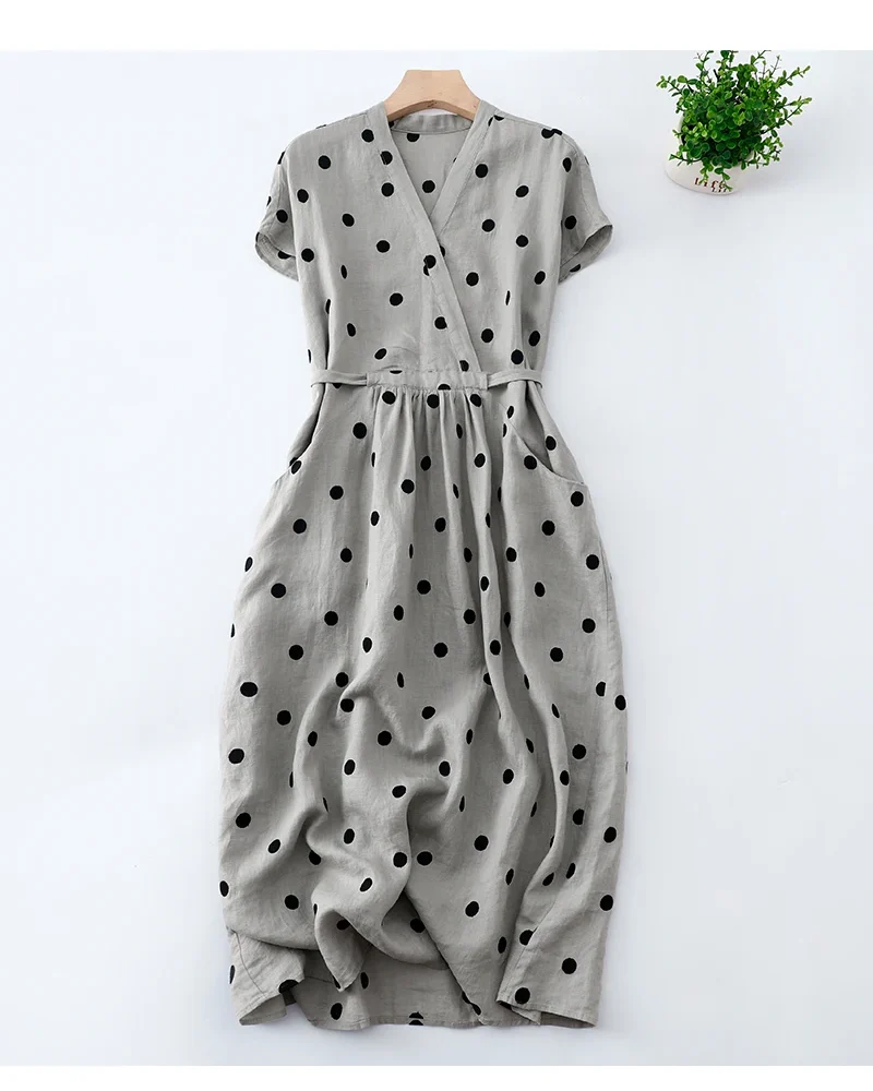 Cotton and Linen Dot V-neck Short-sleeved Loose Elegant Casual dress