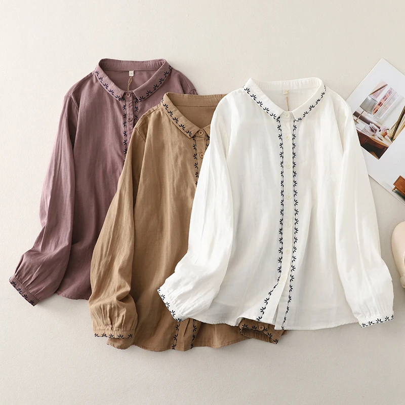 Cotton and Linen Embroidered Long Sleeve Sense Elegant Loose Casual Shirt