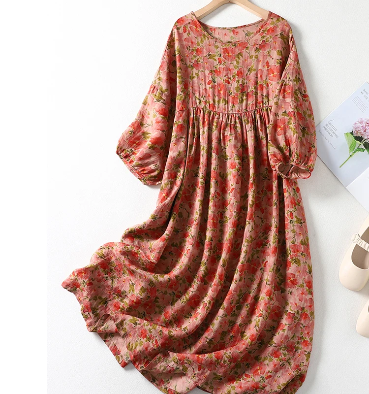 Cotton and linen printed pressed pleated loose elegant chic casual dress