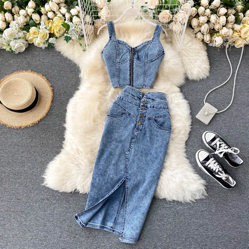 Denim Skirt Set Camisole Tops + High Waist Pencil Skirt Slim Bodycon Suits
