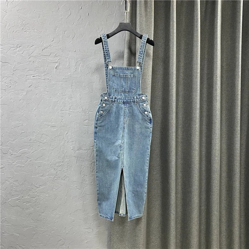 Denim Vintage Slim Front Split Wrap Hip Suspender Jeans Vestidos