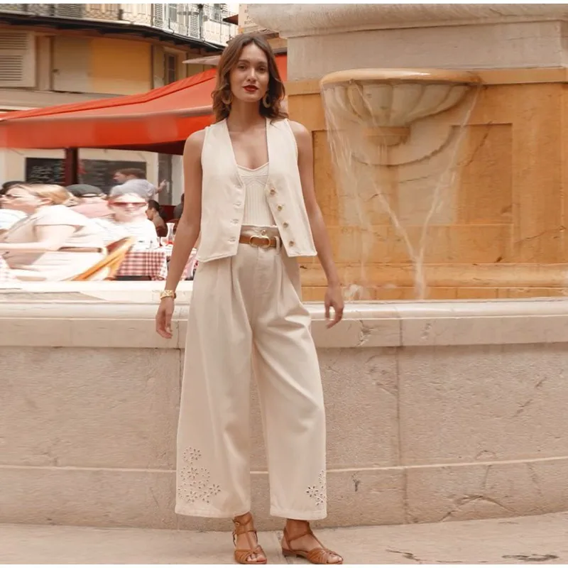 Elegant street wear solid hollow out denim pants suit