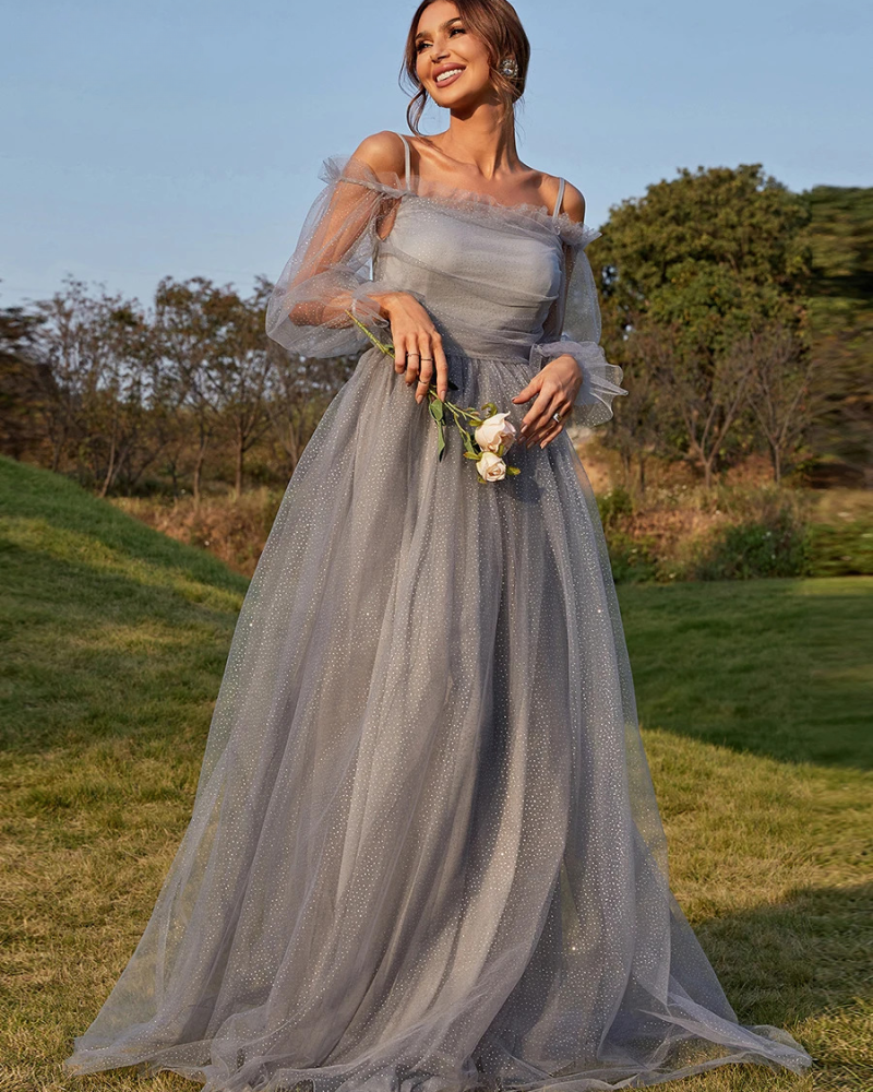 Elegant Dot Print Spaghetti Strap Lantern Sleeve A-line Party Dresses