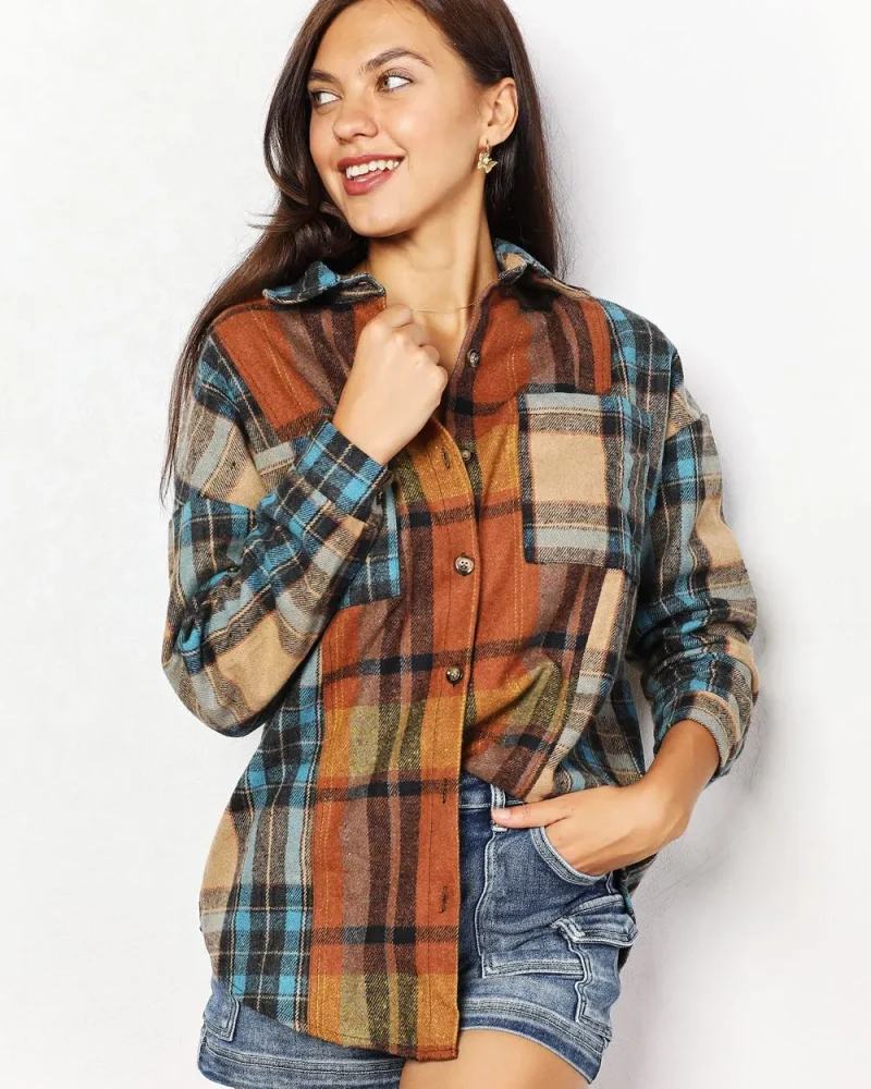 Elegant Double Take Plaid Curved Hem Shirt Jacket with Breast Pockets