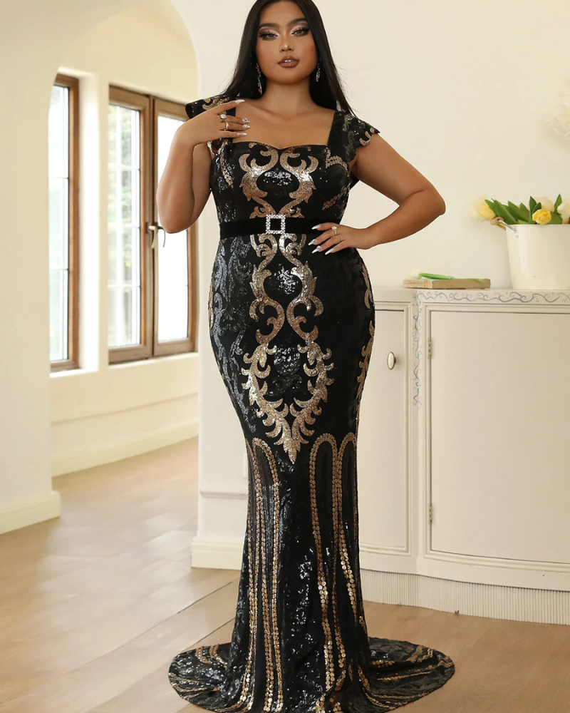 Elegant Sequin Square Collar Sleeveless Plus Size Evening Dresses