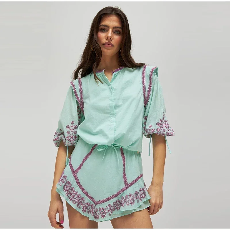 Embroidered Printed Skirt Shorts Suit And Lantern Sleeves Street Outfits