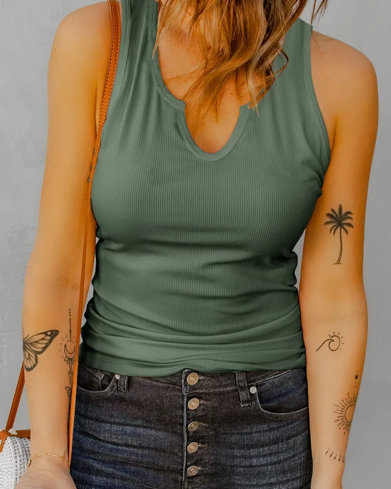 Fashion Notched Neckline Tank Slightly Stretchy Sleeveless Top
