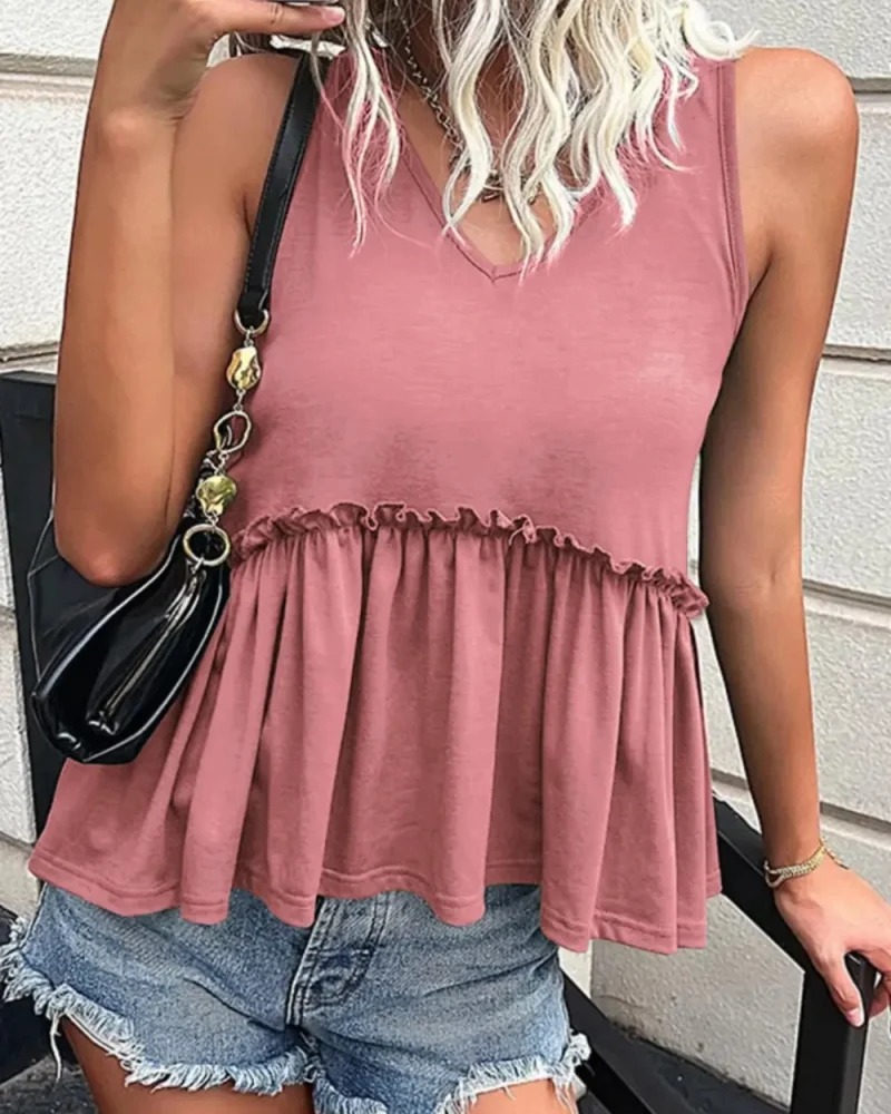 Fashion Vintage Tops Sleeveless Frill V-Neck Peplum Tank Tops