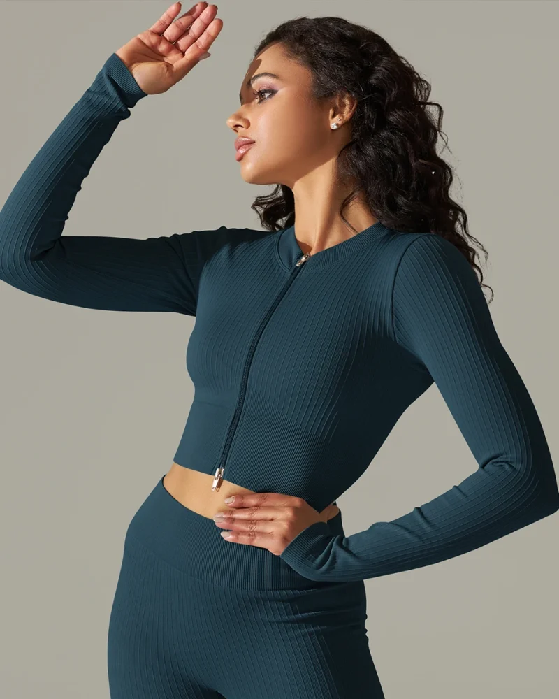 Front Zipper Yoga Tops Seamless Crop Top Fitness Shirts Long Sleeve Sports Top Gym Top Workout Active Wear