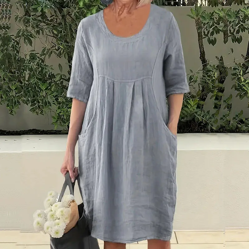 Half Sleeve Casual Pocket O Neck Pullover Linen Cotton Dress
