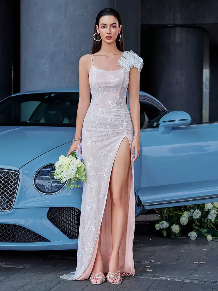 High Slit Embroidery Flower Party Prom Bodycon Maxi Dresses