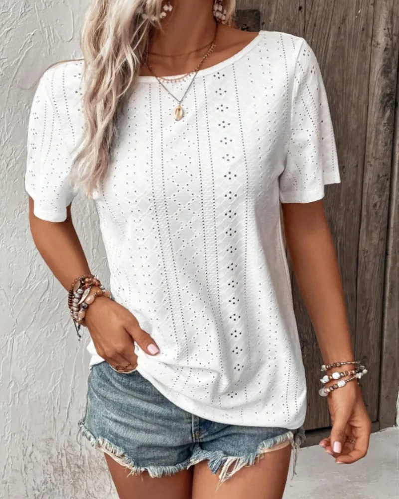 Lace Detail Eyelet Tops Short Sleeve V Shape Back Blouse