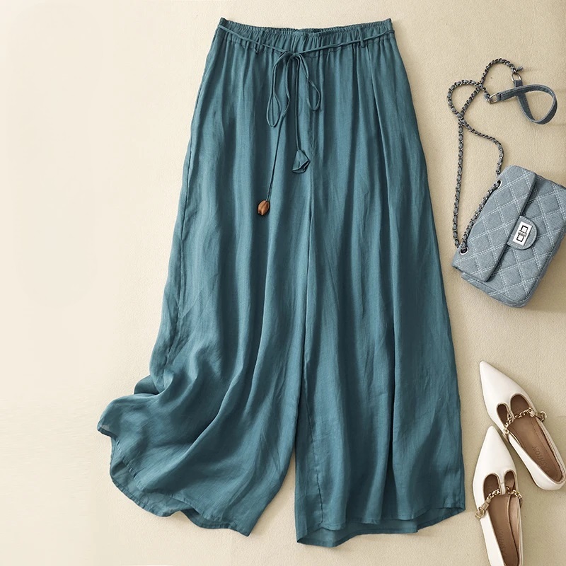 Linen Double-layer High Waist Wide-leg Loose Elegant Lace-up Casual Ankle-length Pants
