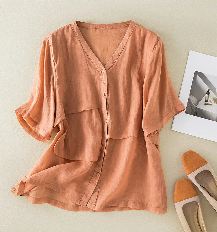 Linen V-neck short-sleeved version of literary retro temperament casual shirt