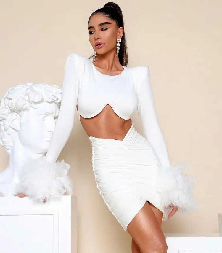 Long Sleeve Feathers Waist Hollow Out Bodycon Mini Dress Fashion Nightclub Wear