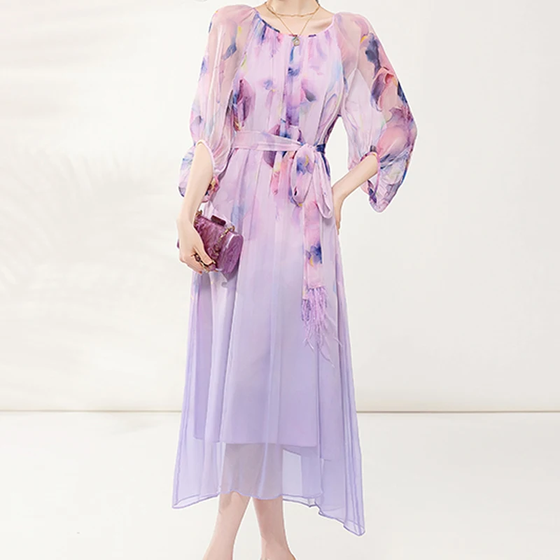 Loose Chiffon Dress Natural Silk Elegant A-line Fairy Vestidos