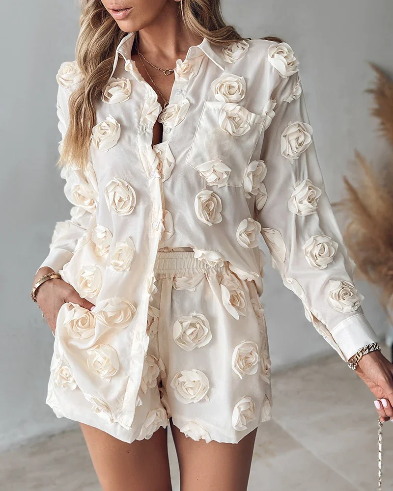 Elegant Solid 3d Flower Chic Lapel Pocket Shirt And Shorts Sets Street Outfits