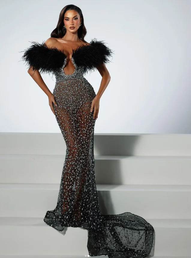 Off the SHoulder Feathers Sparkly Crystal Celebrate Evening Party Prom Dress