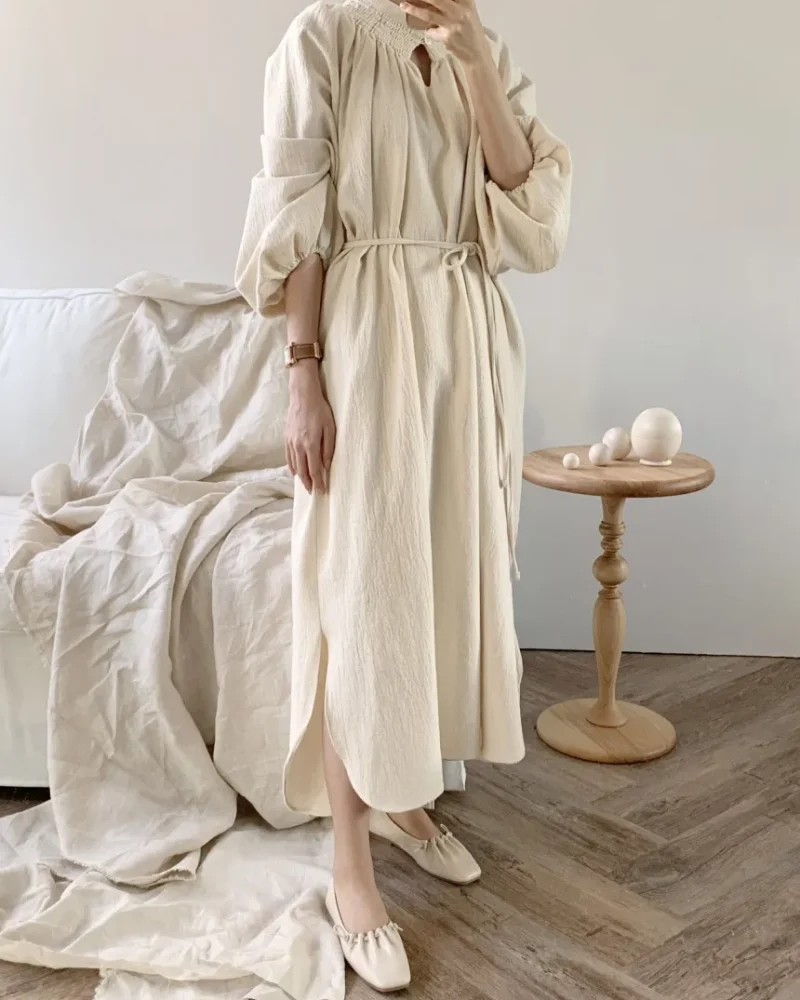 Oversized Loose V-Neck Dress Long Knee Length Cotton Hemp Lace Up Dresses Office Commuter Clothing