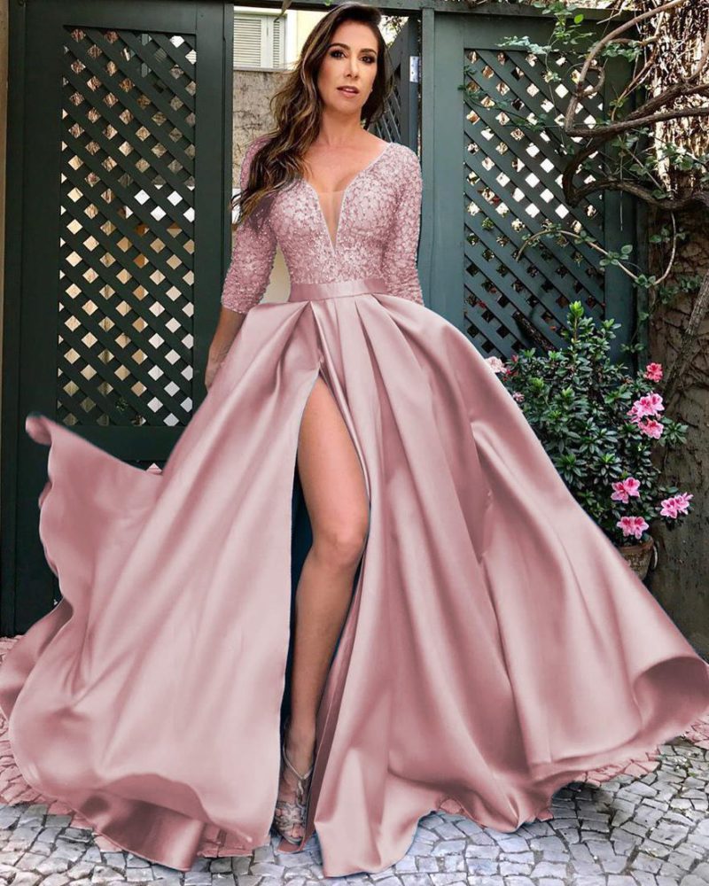 V-Neck High-Slit Ruched Prom Birthday Party Dresses