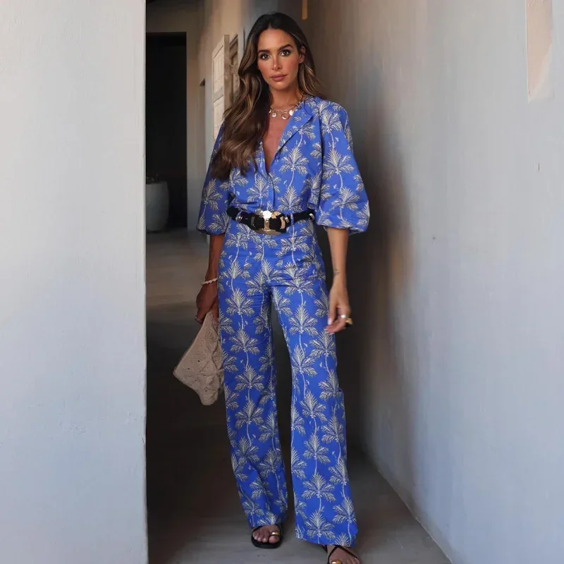 Printed Straight Leg Pants 2 Pieces Sets Long Sleeved Shirts Street Outfit