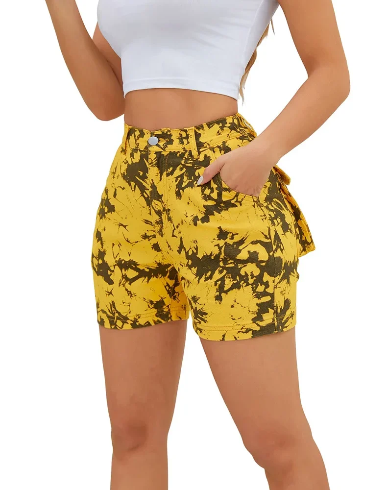 Printed Stretch Jeans Vintage Streetwear Cargo Denim Shorts