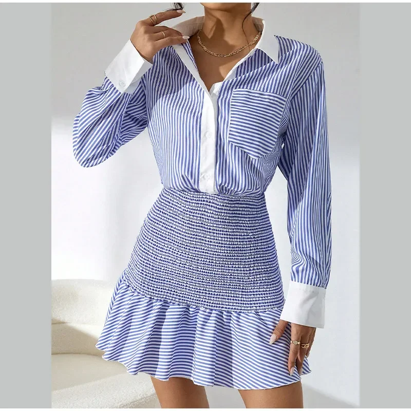 Ruffles and Stripes Pleated Skirts Suit Single Breasted Office Outfit