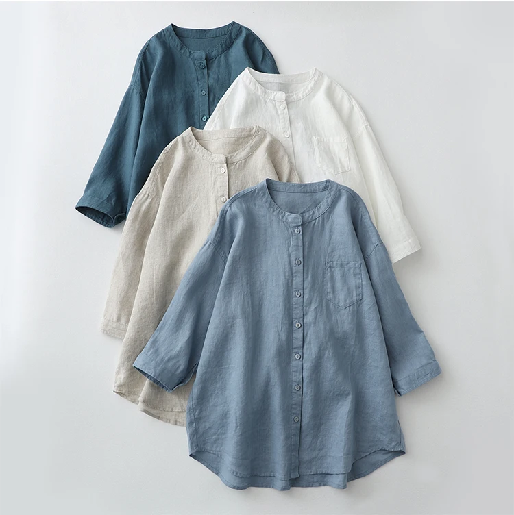 Seven-Sleeve Collar Style Simple Fashion Loose Elegant Casual Linen Shirt