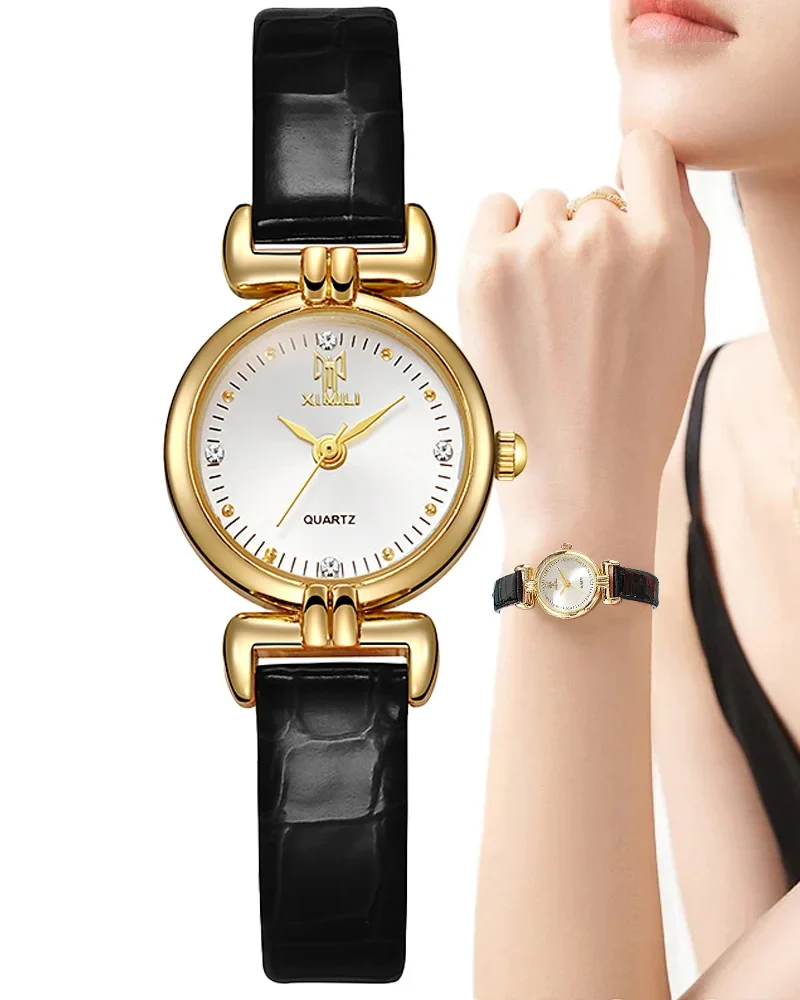 Small Simple Diamonds Quartz Leather Dress Clock Wristwatch